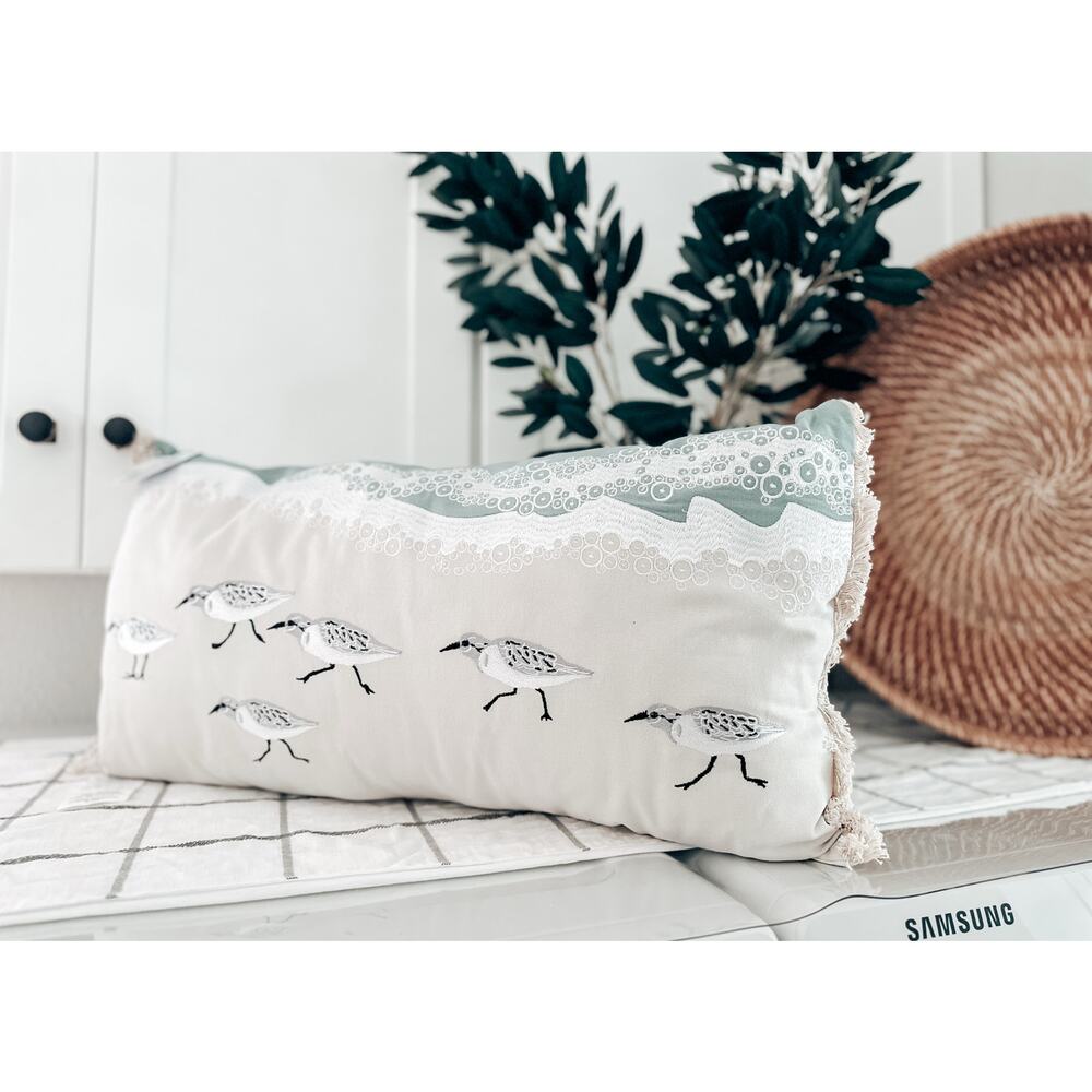 Whispers in the Foam Beach Sandpipers Embroidered Lumbar Pillow coastal decor - Picture 6 of 7
